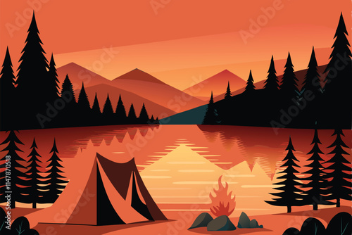 A picturesque lakeside campsite at sunset, featuring a cozy tent, calm water reflecting the sky, and a tranquil atmosphere.