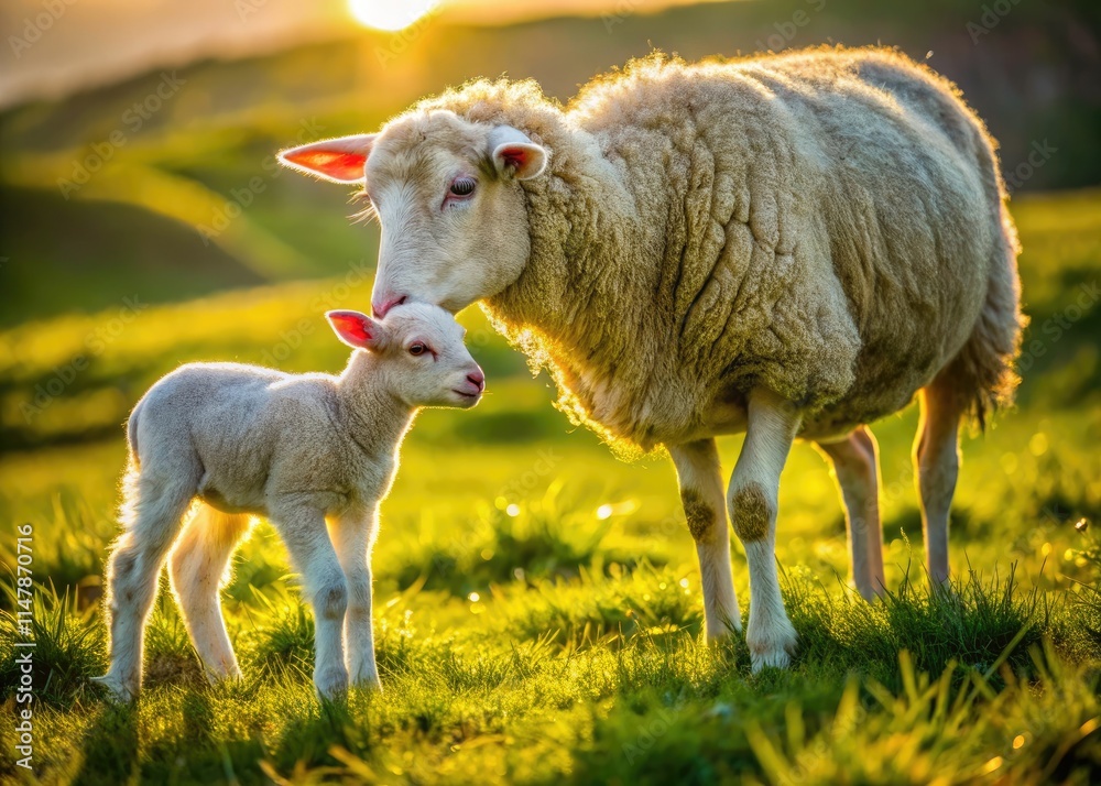 Obraz premium Witness the heartwarming sight of newborn lambs nursing from above: stunning high-resolution drone photography of sheep.