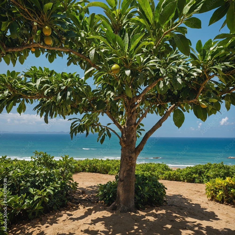 A lush, green avocado tree in a tropical garden, with a golden beach and blue ocean behind it. A lush, green avocado tree in a tropical garden, with a golden beach and blue ocean behind it.