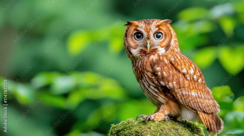 The tawny owl, with its distinctive reddish brown plumage and large, round eyes, sits perched on a moss covered stone in the heart of the lush forest, against a backdrop of vivid green foliage. The tawny owl, with its distinctive reddish brown plumage and large, round eyes, sits perched on a moss covered stone in the heart of the lush forest, against a backdrop of vivid green foliage.