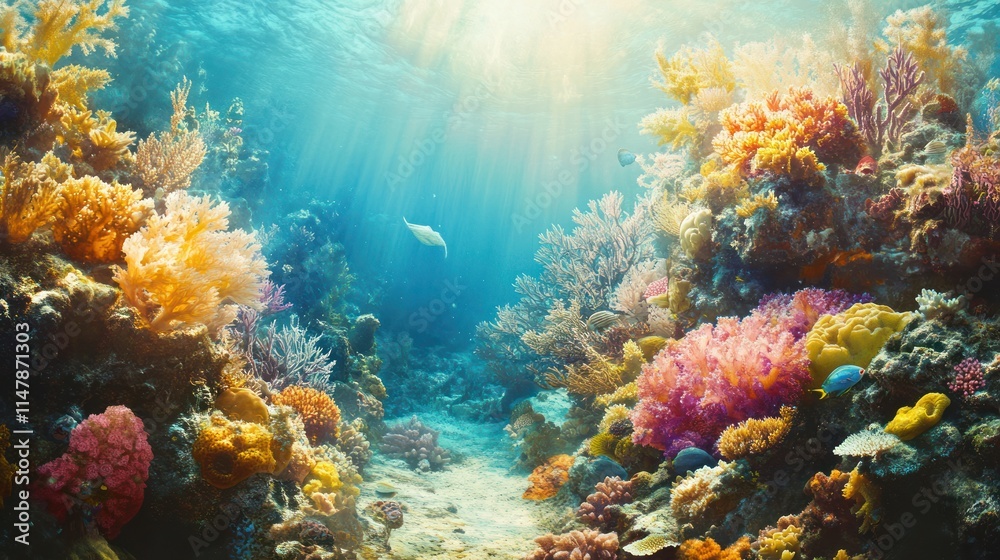 Fototapeta premium Vibrant Underwater Coral Reef Paradise: A Sunlit Ocean Scene