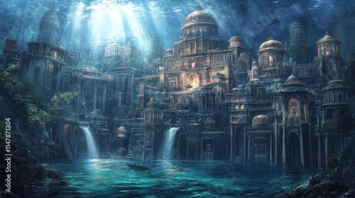 Underwater city with majestic architecture, waterfalls, and a small boat. photo