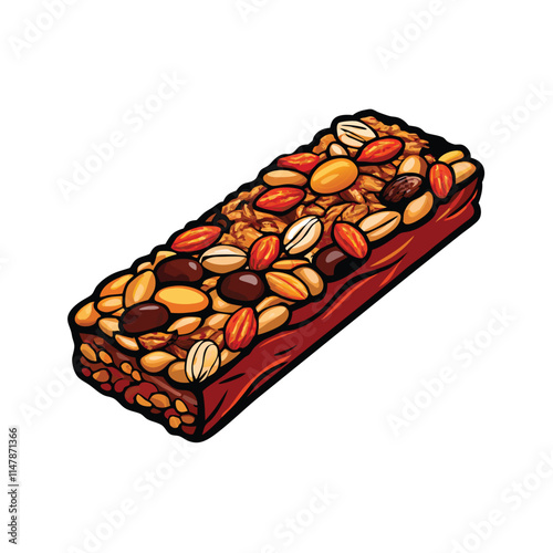 A close-up shot of a crunchy granola bar, showcasing its texture, visible nuts, seeds, and honey.  High-resolution, detailed image.