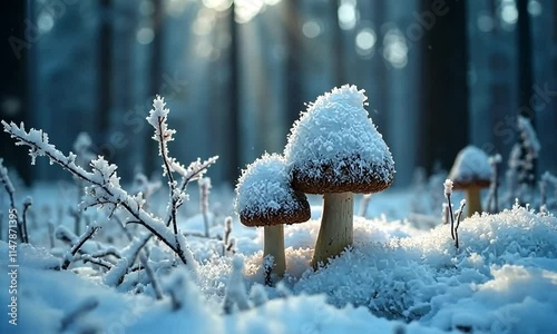 Fantastic wonderland forest landscape with mushrooms and flowers photo