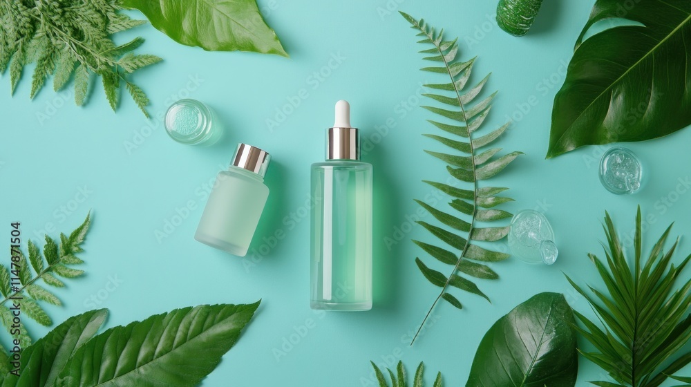 Green beauty products surrounded by lush leaves Green beauty products surrounded by lush leaves