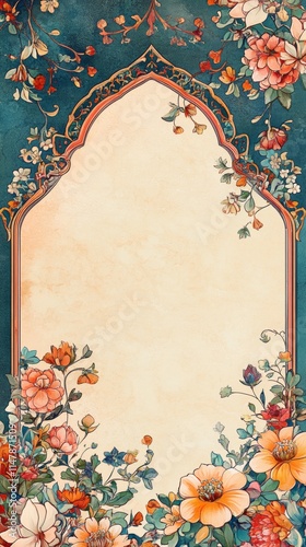 A blue and white floral design with a white background. The design is a flowery arch