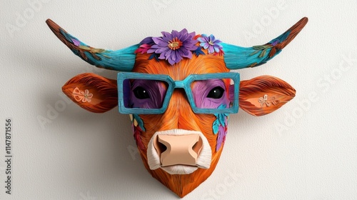 A vibrant paper craft cow head with intricate floral designs on its horns, wearing stylish square framed glasses in shades of blue and purple. photo