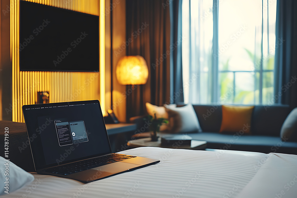 Fototapeta premium Laptop on Hotel Bed: Remote Work Luxury