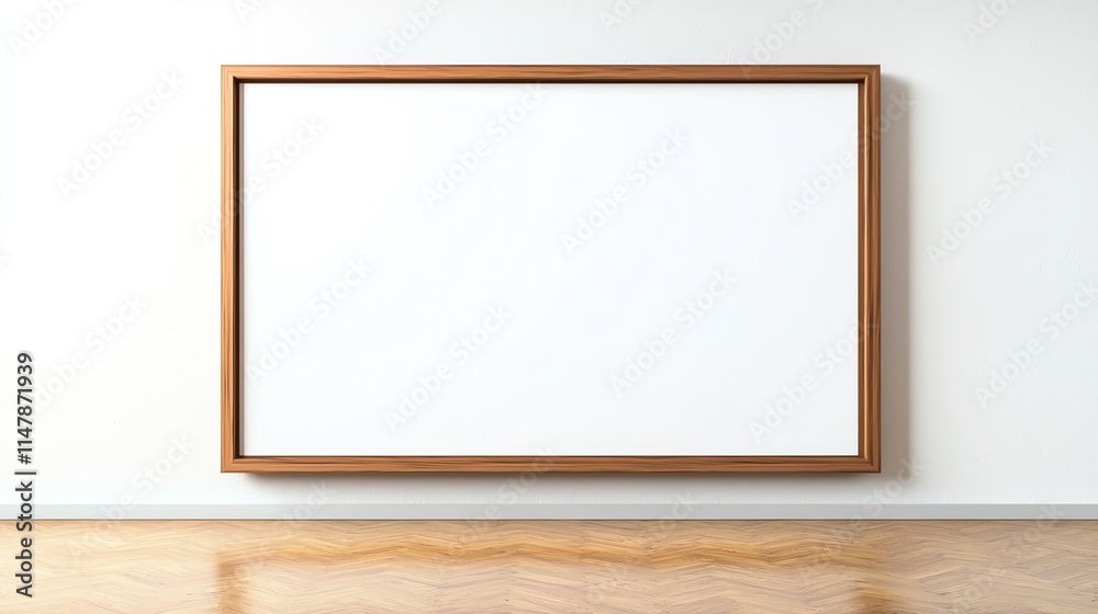 Minimalist empty wooden frame hanging on a white wall above a wooden floor. Perfect for artistic or design presentations. Minimalist empty wooden frame hanging on a white wall above a wooden floor. Perfect for artistic or design presentations.