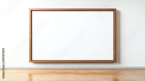 Minimalist empty wooden frame hanging on a white wall above a wooden floor. Perfect for artistic or design presentations.