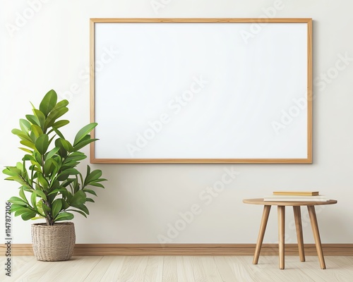 Minimalist interior design with a wooden frame blank canvas, potted plant, and side table in a bright room with wooden flooring.