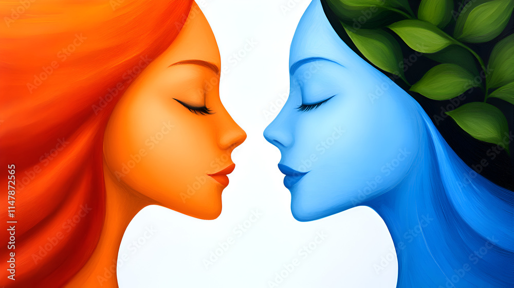 A vibrant illustration of two abstract female figures, one adorned in fiery orange and the other in cool blue, symbolizing the harmony of nature and energy. A vibrant illustration of two abstract female figures, one adorned in fiery orange and the other in cool blue, symbolizing the harmony of nature and energy.