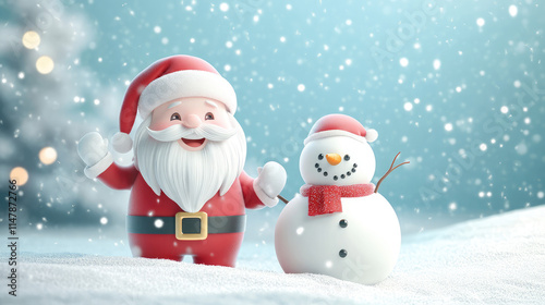 A charming 3D pastel Santa Claus with a big smile poses beside a cute pastel snowman in a serene, snow-covered scene with soft, dreamy hues.