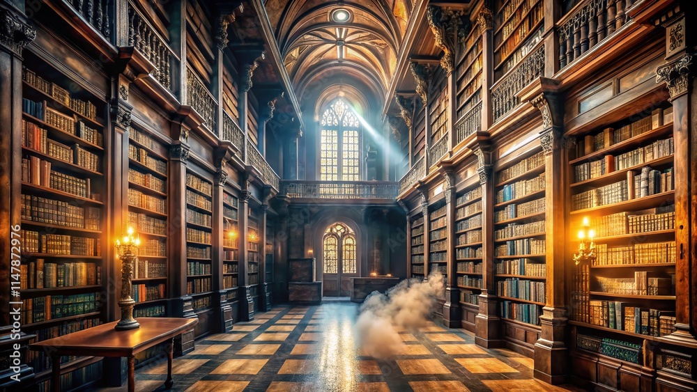 Fototapeta premium Gothic Library Long Exposure Photography - Ancient Books, Tall Bookshelves, Dark Atmosphere