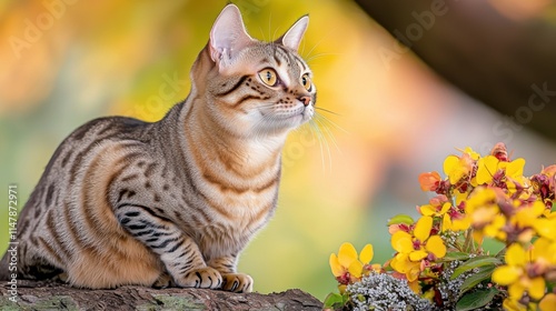 The slim Ashera cat has a long, graceful body with sleek, well defined muscles, her coat is beautifully patterned and shimmers in the sunlight, enhancing her elegant appearance. photo