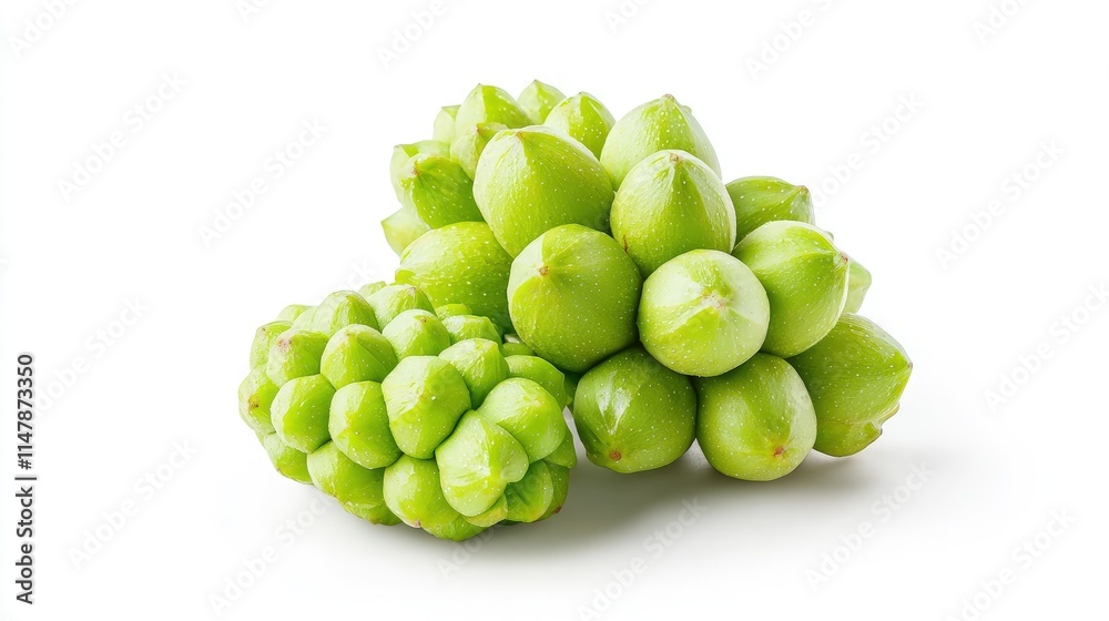 Two clusters of fresh green immature fruits on white background.