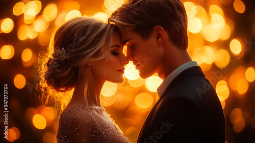 Elegant Couple Sharing an Intimate Moment Under Golden Festive Lights
