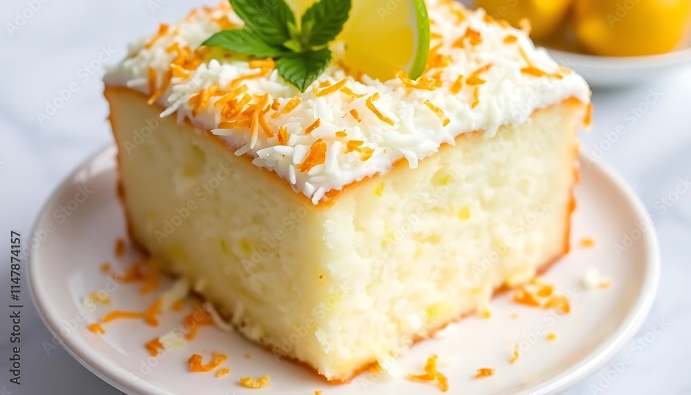 Delicious Coconut Lime Cake Slice on Plate Delicious Coconut Lime Cake Slice on Plate