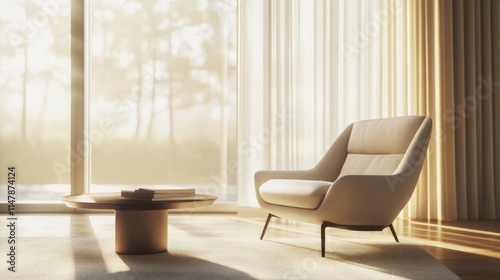 Minimalist modern lounge with clean, stylish design. Featuring sleek lines and neutral colors
