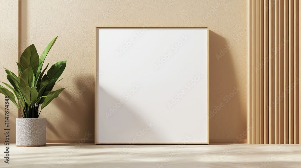 Minimalistic room with a blank square canvas and a potted plant against a wooden wall, perfect for modern interior design inspiration. Minimalistic room with a blank square canvas and a potted plant against a wooden wall, perfect for modern interior design inspiration.