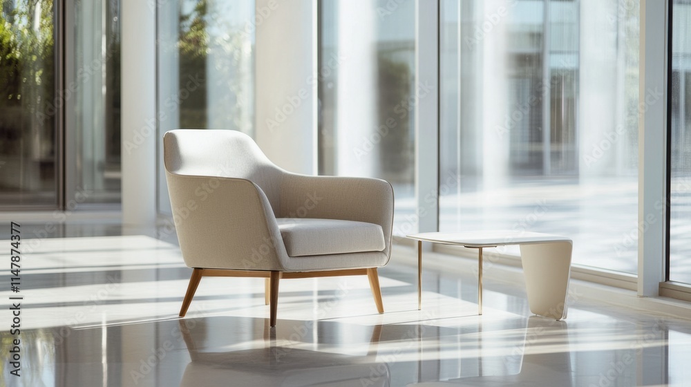 Fototapeta premium Minimalist modern lounge with clean, stylish design. Featuring sleek lines and neutral tones