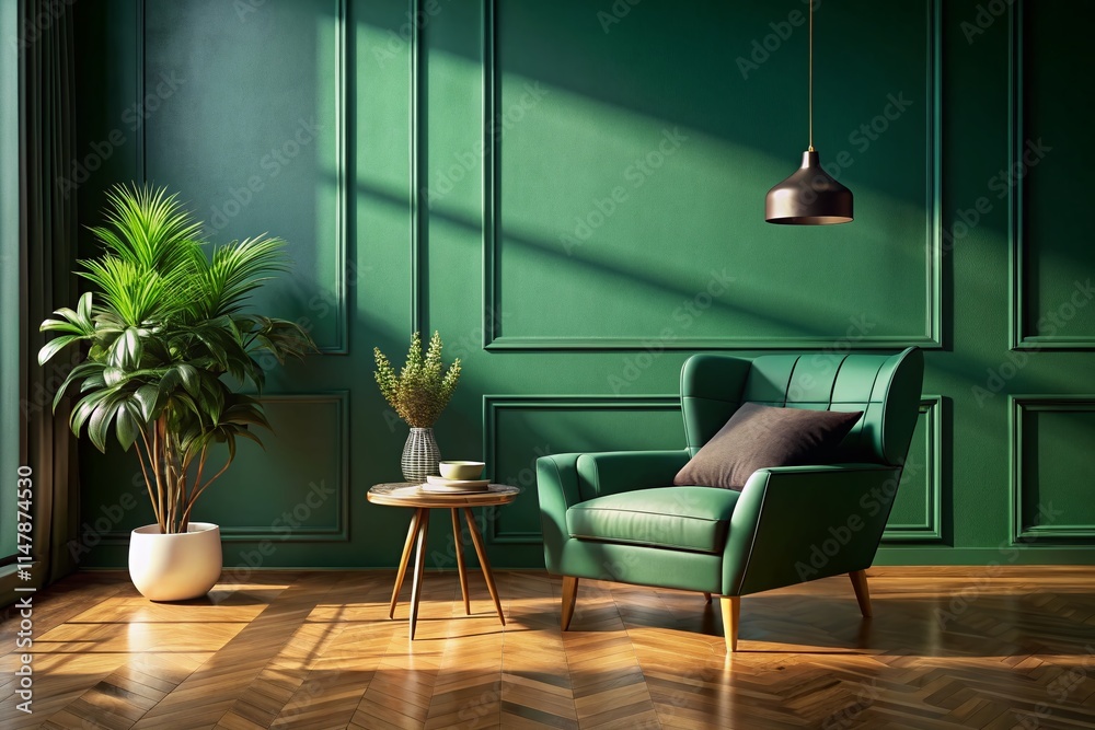 Green Armchair Dark Green Wall Living Room Interior 3D Render Landscape Photography Green Armchair Dark Green Wall Living Room Interior 3D Render Landscape Photography