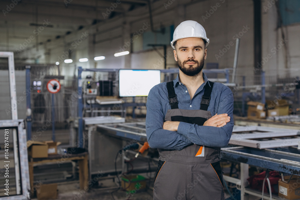 Factory worker posing with crossed arms in window and door production line Factory worker posing with crossed arms in window and door production line