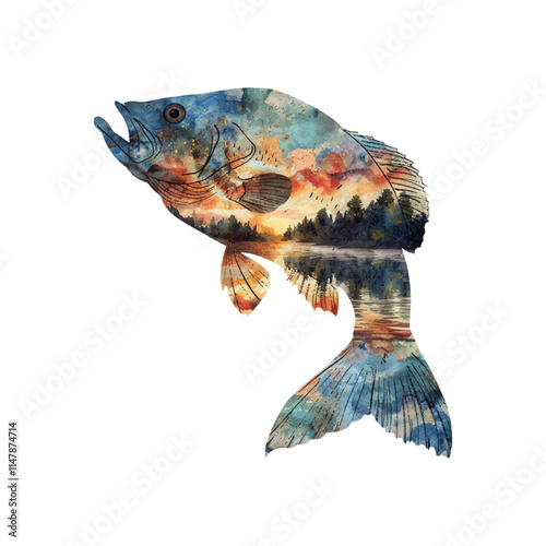 silhouette bass fish with lake scene inside vector illustration in watercolor style