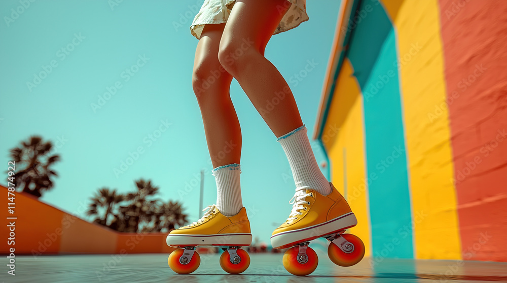 A close-up of a girl's leg in action, skating gracefully while wearing stylish skates on a smooth surface.