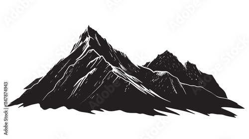 Black and white mountain range illustration.