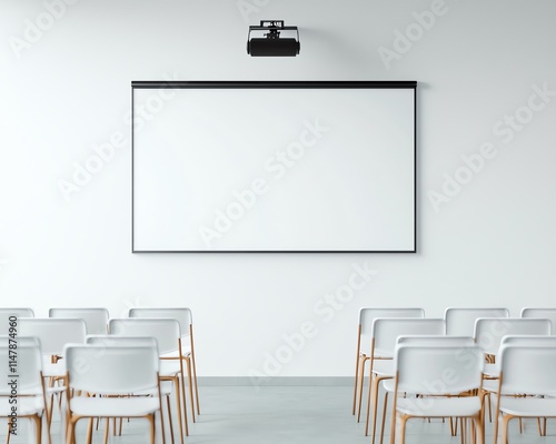 Modern conference room with white chairs facing a blank projector screen, ready for presentation or seminar in a minimalist setting.