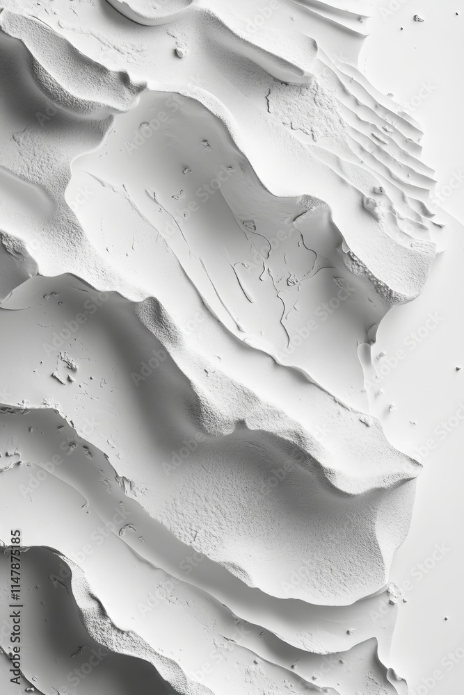 Obraz premium Aerial view of abstract white sand dunes with intricate patterns, highlighting shadows and light for a minimalistic effect.