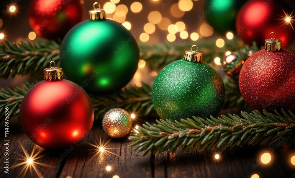 Festive Christmas ornaments on pine branches Festive Christmas ornaments on pine branches
