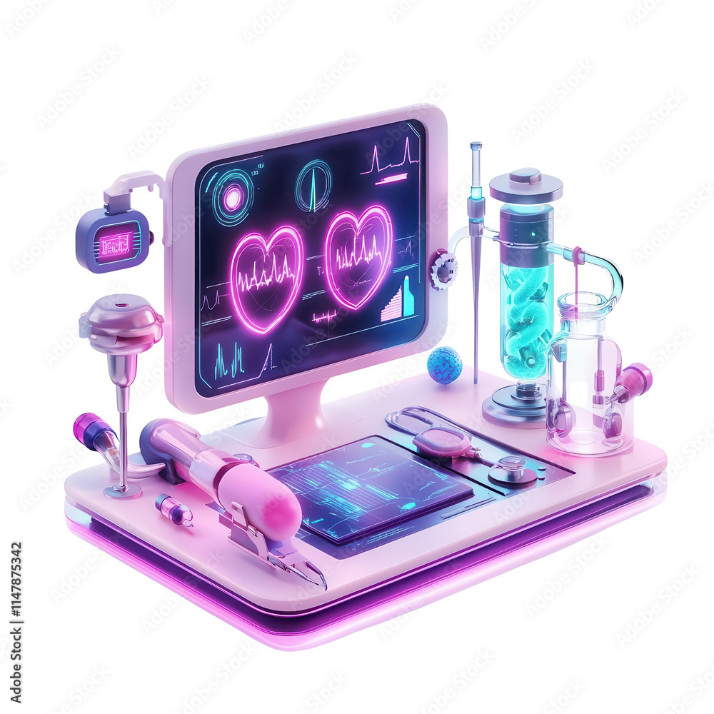 Fototapeta premium Futuristic medical monitoring station with neon healthcare tools