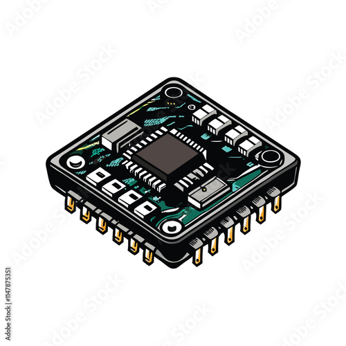 Create a clean, flat vector illustration of a microcontroller with clearly labeled pin 1.  Show all pins and their arrangement. photo