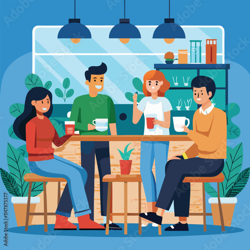 Friends are sitting at a table in a summer cafe. Vector illustration in a flat style