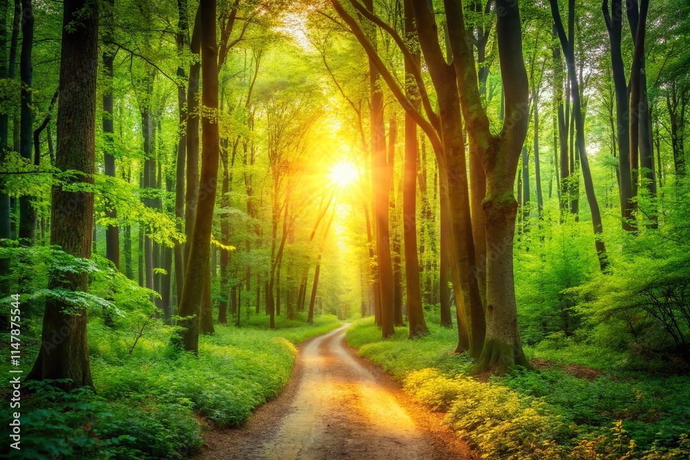 Obraz premium Green Forest Path, Nature Trail Photography, Lush Woodland Walkway, Scenic Hiking Route, Rule of Thirds Composition