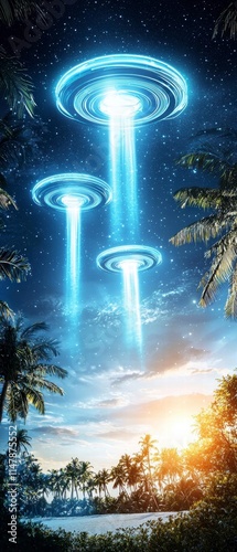 Ufo encounter tropical beach digital art sunset aerial view sci-fi mystery photo