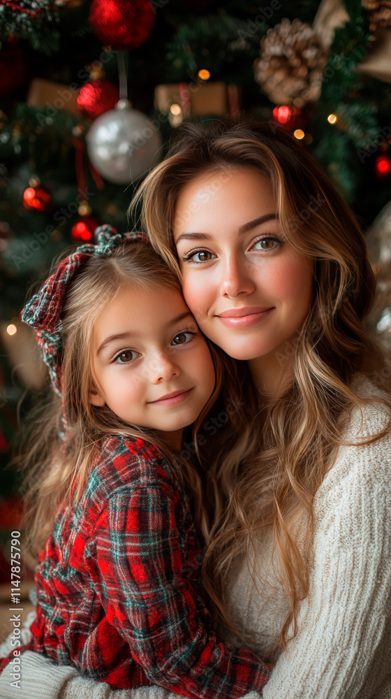 A loving mother and daughter embrace by a cozy fireplace, with a decorated Christmas tree glowing warmly in the background. Perfect for holiday, family, or festive marketing themes. A loving mother and daughter embrace by a cozy fireplace, with a decorated Christmas tree glowing warmly in the background. Perfect for holiday, family, or festive marketing themes.