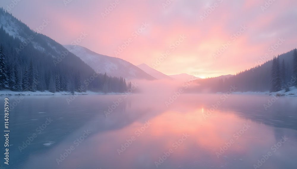 Fototapeta premium Winter dawn over a frozen lake: The morning light, coloring the sky in pink and gold tones, is reflected in a frozen lake with fog-shrouded shores.