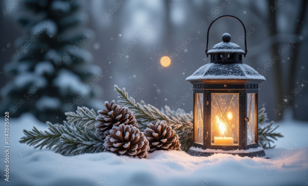 Serene winter lantern with pinecones Serene winter lantern with pinecones