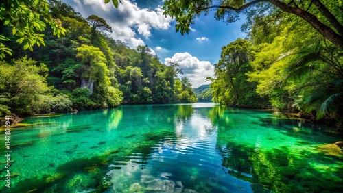 Green Lagoon: Pristine Waters, Lush Vegetation, Tranquil Scene, Nature Photography, Documentary Style