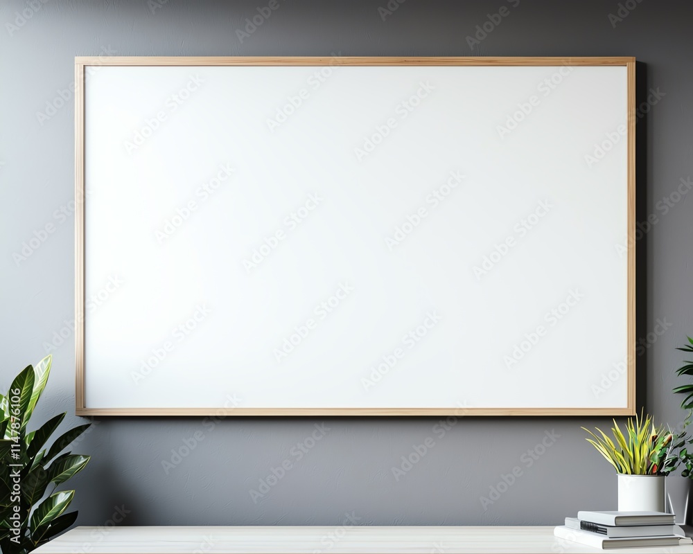 Modern office interior with a blank whiteboard on the wall, surrounded by green plants and books, perfect for presentations or brainstorming. Modern office interior with a blank whiteboard on the wall, surrounded by green plants and books, perfect for presentations or brainstorming.