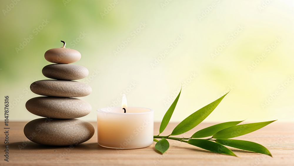 Obraz premium Burning candle, stacked stones and bamboo leaves creating relaxing atmosphere