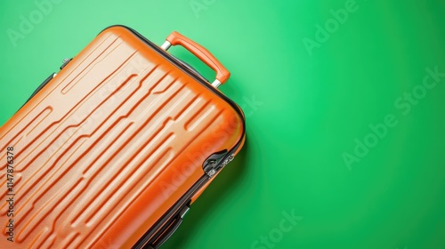 Lush orange luggage ready for going travel on green background, with copy space, bright color backgrounds photo