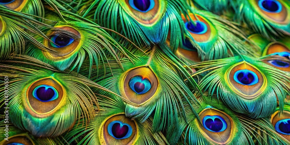 Fototapeta premium Green Peacock Feather Background, Nature Texture, Colorful Feathers, Avian Pattern, Design Wallpaper