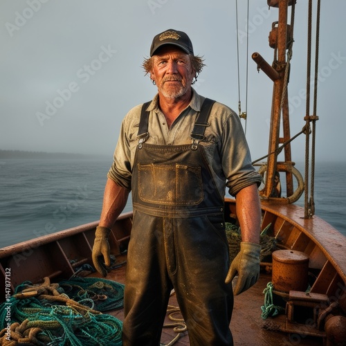 Fisherman stands confidently on the deck of his boat at sunrise, with fishing nets and equipment surrounding him