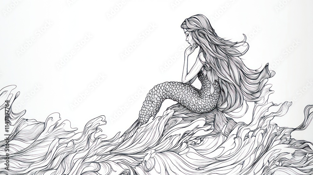 Fototapeta premium Penciled Mermaid Rests Upon Ocean Waves