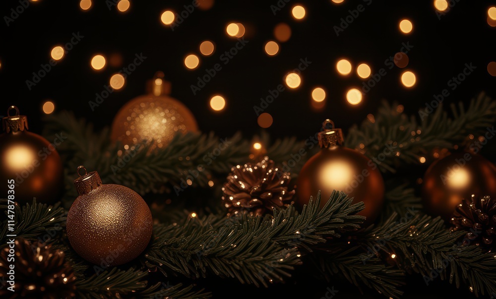 Golden ornaments on Christmas greenery Golden ornaments on Christmas greenery