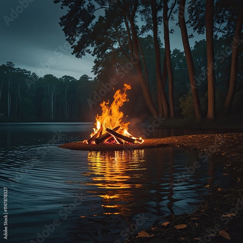 Under a foreboding, starless night sky, a vibrant, golden-hued bonfire crackles softly, casting a warm glow on the gently rippling surface of a serene lake, its calm waters reflecting the fiery light 